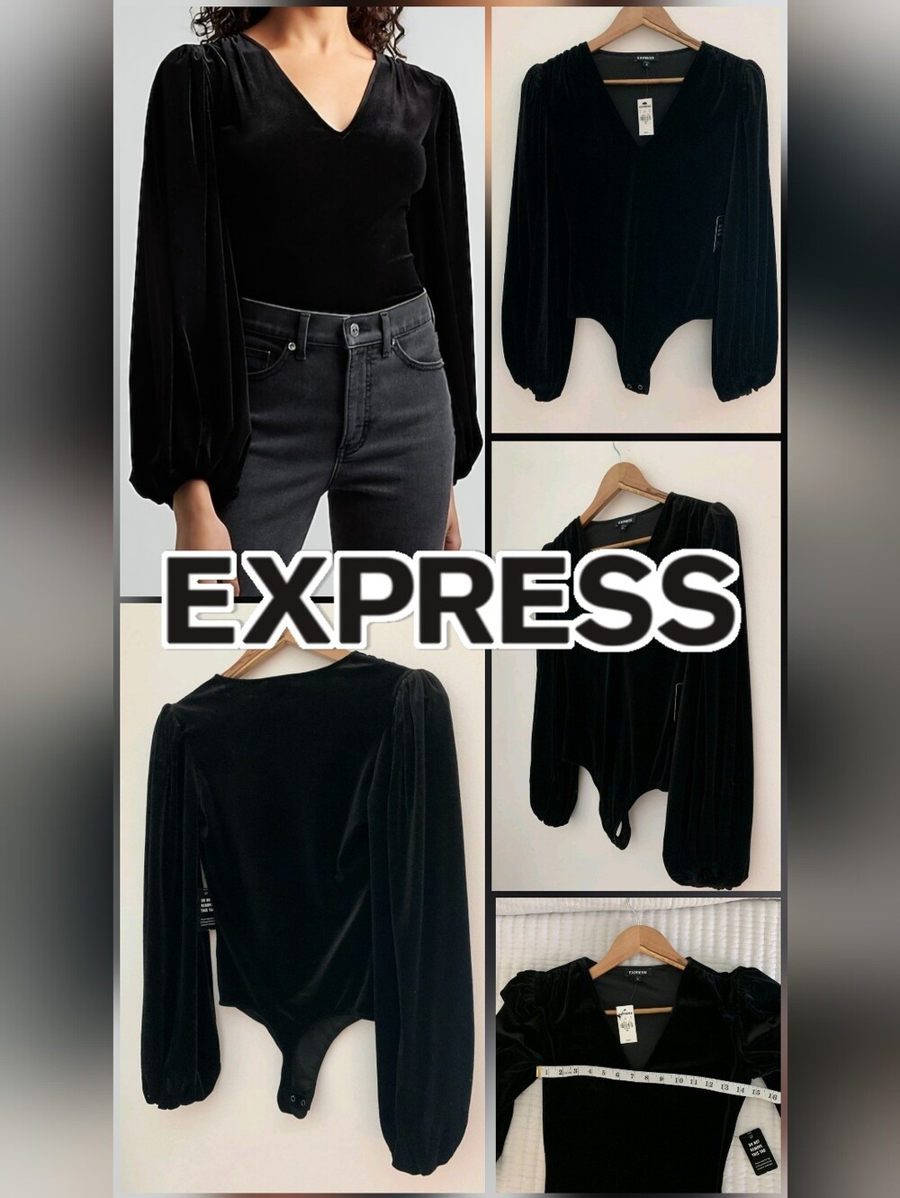 Express Black Velvet Long Balloon-Sleeve Plunging V-Neckline Bodysuit